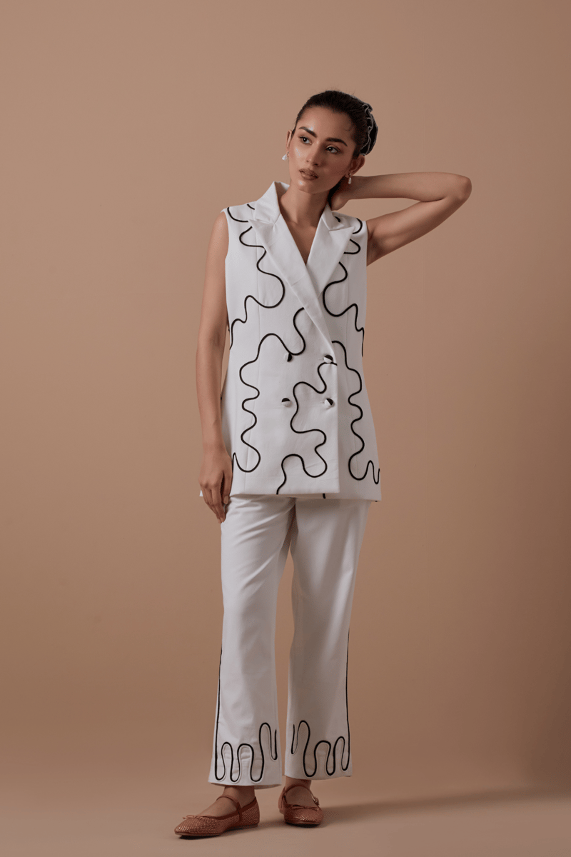 White Sleeveless Double-Breasted Blazer with Dori Embroidery