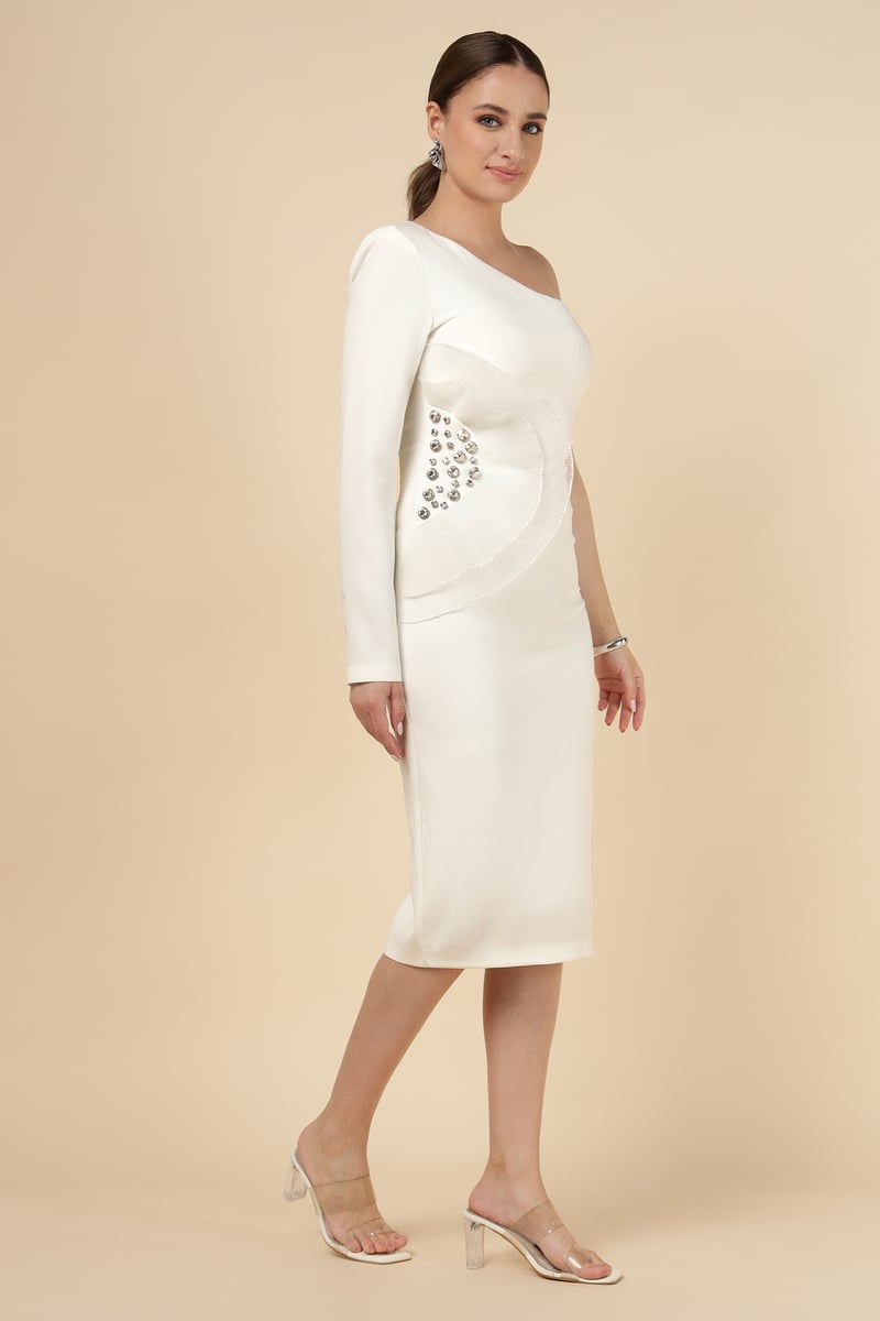 Ecru One-Shoulder Bodycon Midi Dress with Crystal Detail