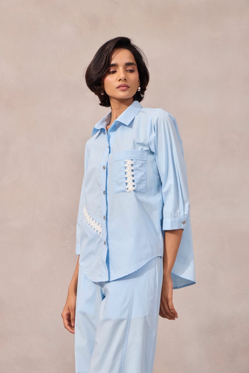 Frost Blue Cotton Poplin Shirt with Contrast Lace Inlay
