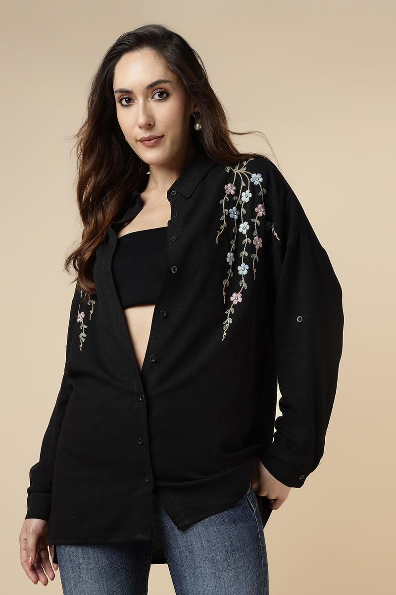 Black Floral Embroidered Longline Button-Down Shirt