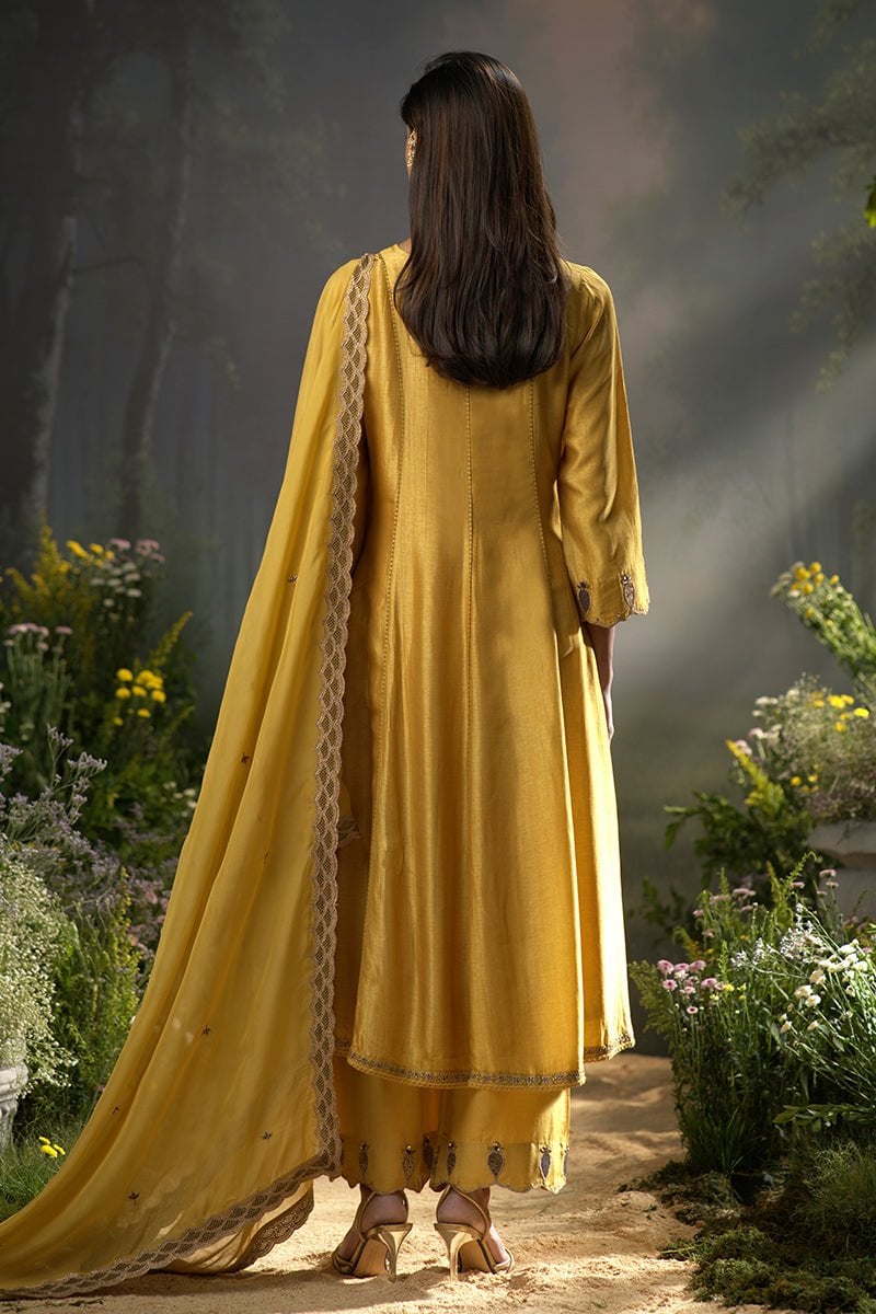 Honey Gold Raw Silk Anarkali Kurta Set with Dupatta