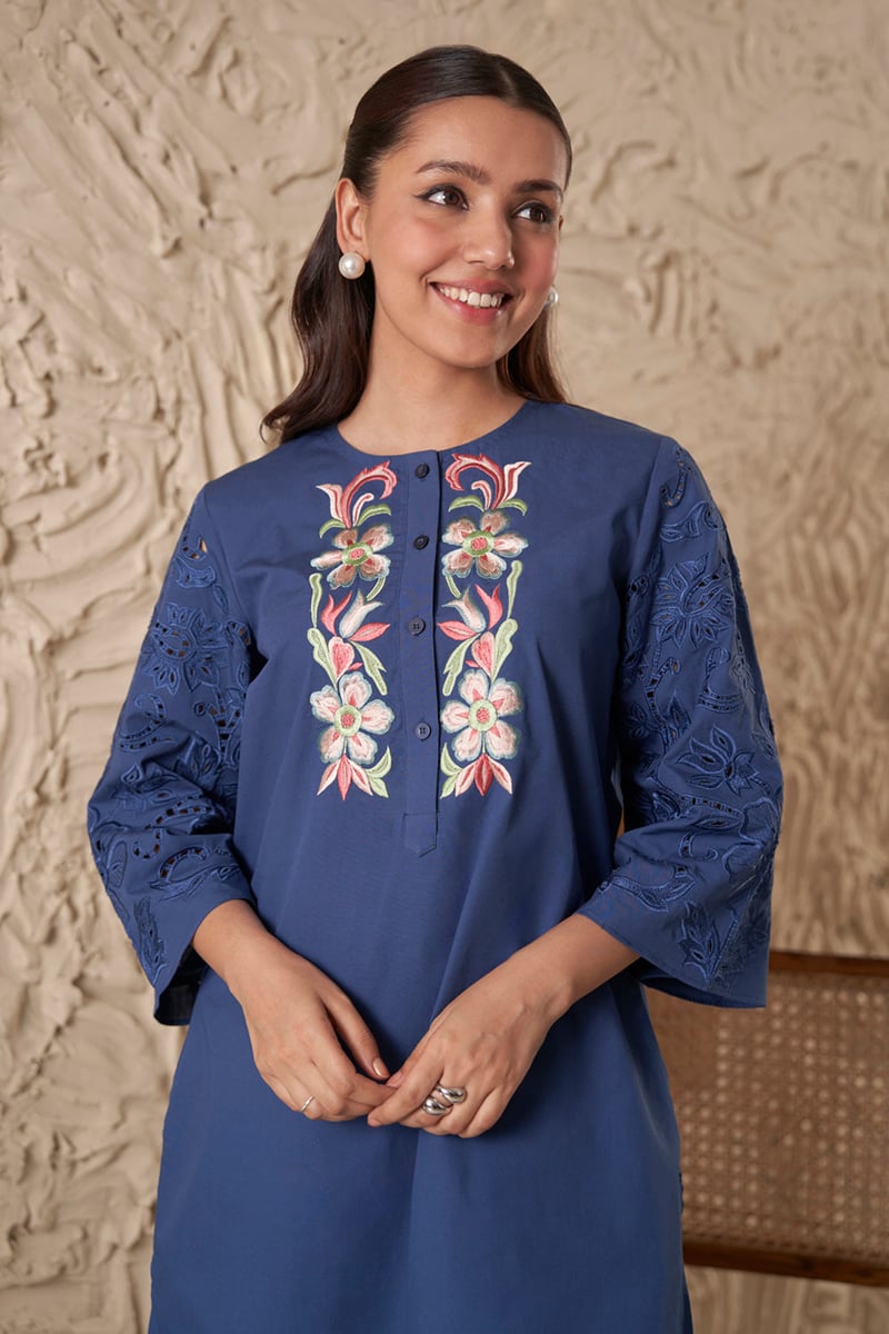 Deep Blue Straight Kurta Set with Embroidery and Cutwork