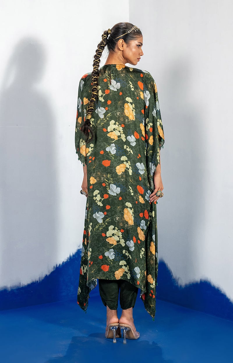 Green Floral Kaftan Kurta Set with Embroidered Yoke