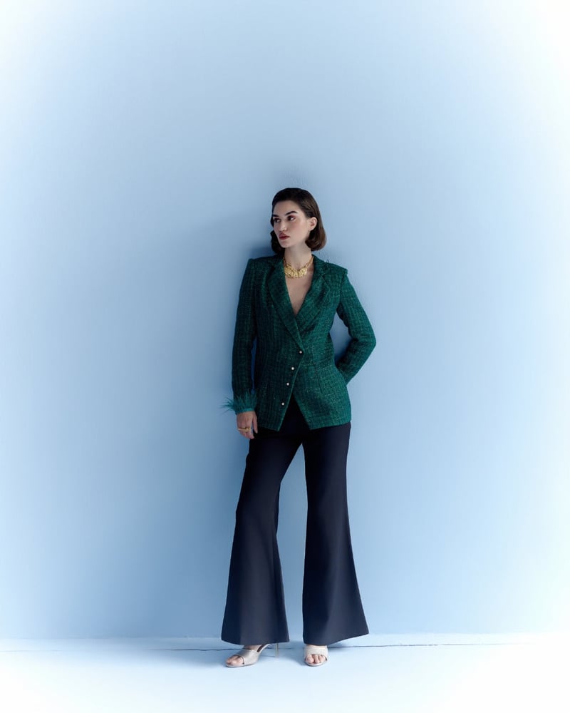 Deep Green Checked Tweed Blazer with Pearl Buttons