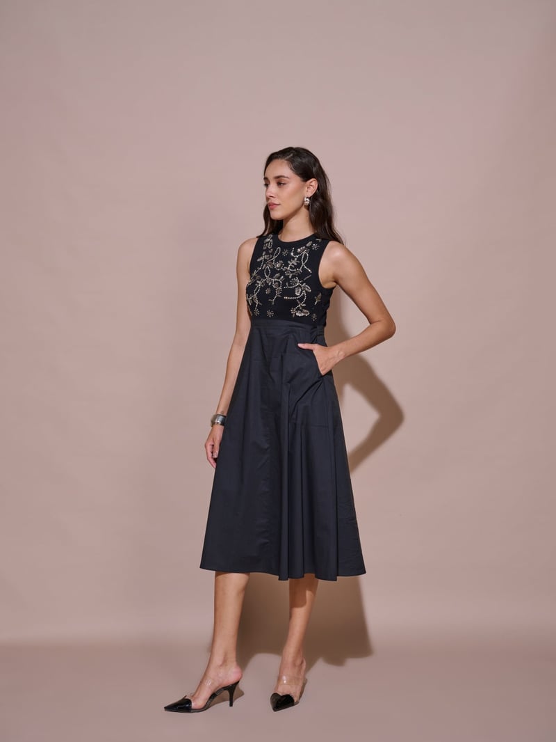 Black Embellished Ribbed Bodice Fit and Flare Midi Dress