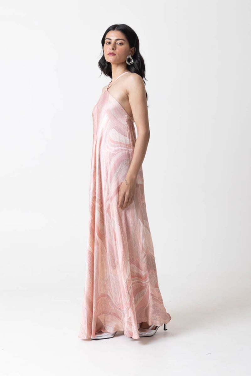 Pink Peach Abstract Printed Halter Maxi Dress