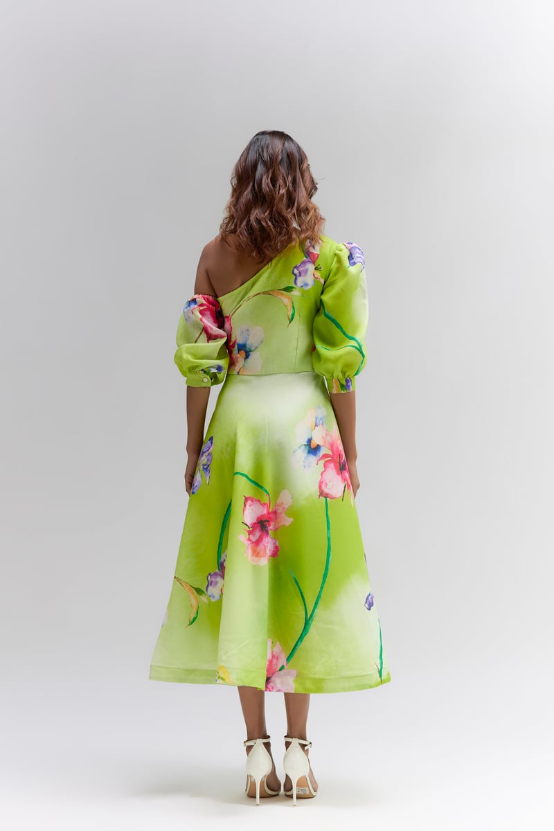 Lime Green Floral Midi One Shoulder Dress
