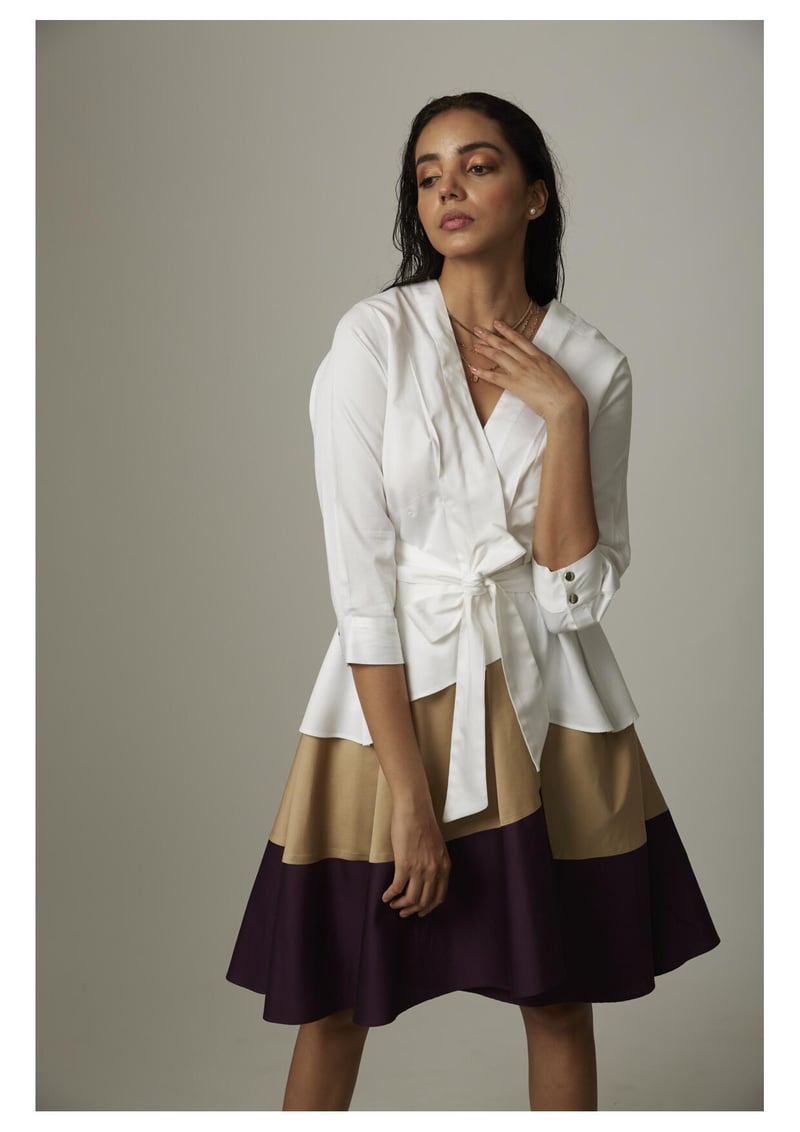 White/Beige/Wine Colorblock High-Low Wrap Tie Dress
