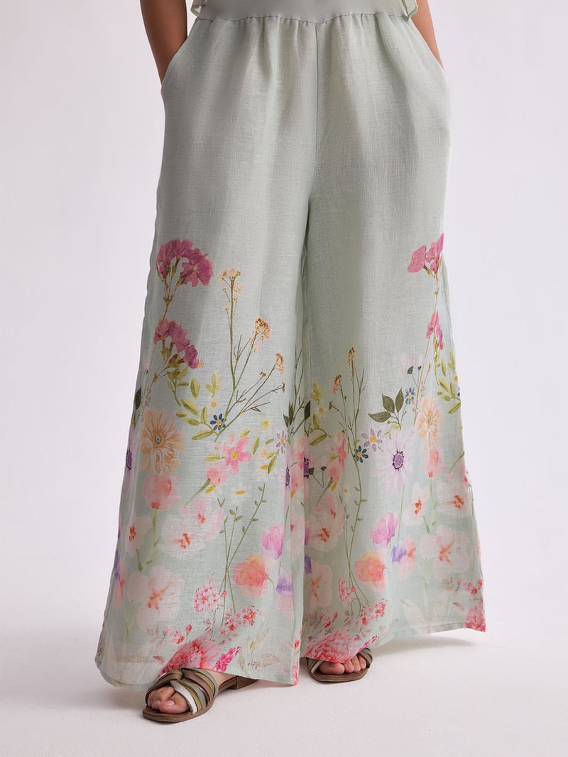 Aqua Bloom Gauze Linen Cape and Palazzo Co-ord Set