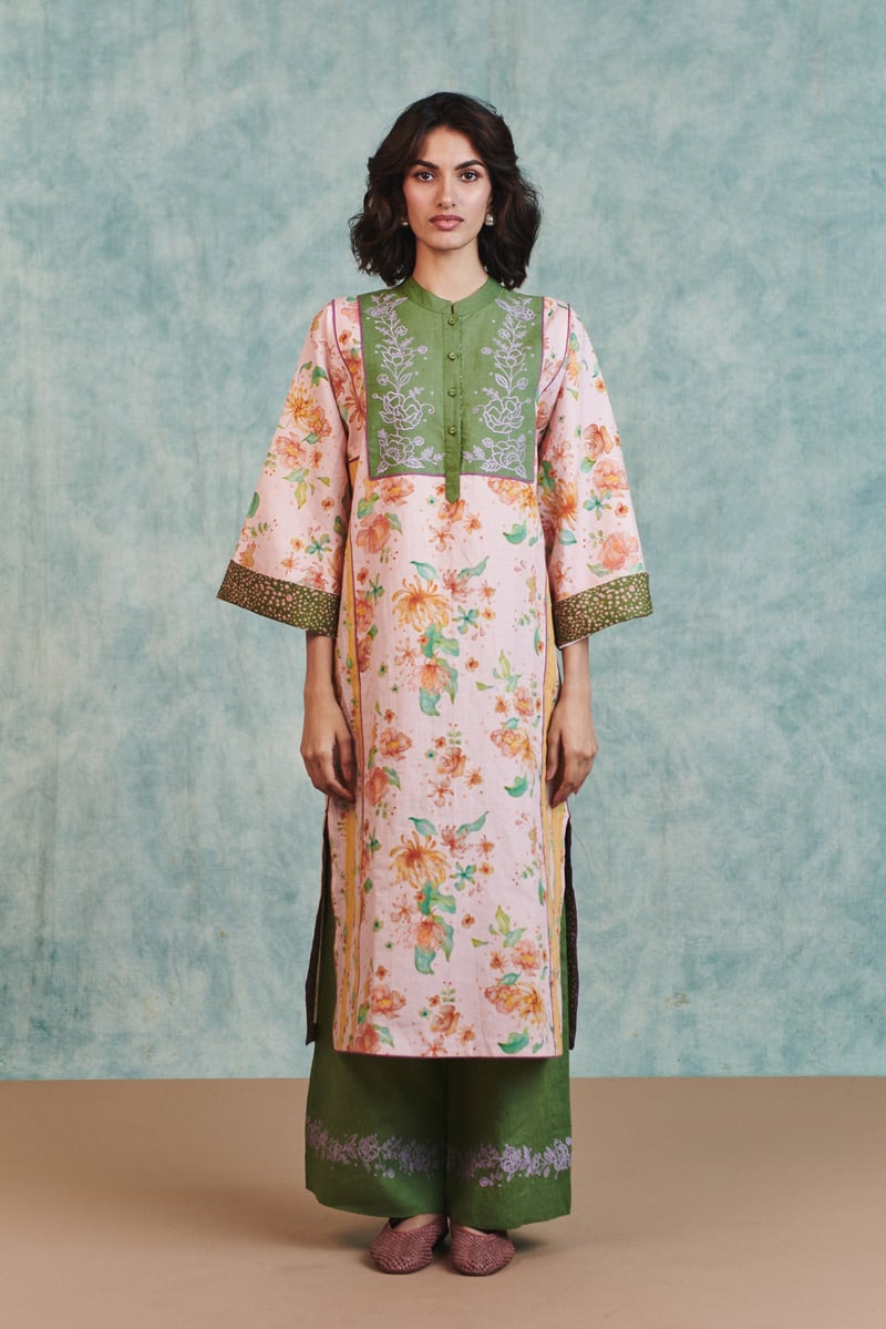 Flora Co-Linen Embroidered Multi-Panelled Kurta Set — Saphed