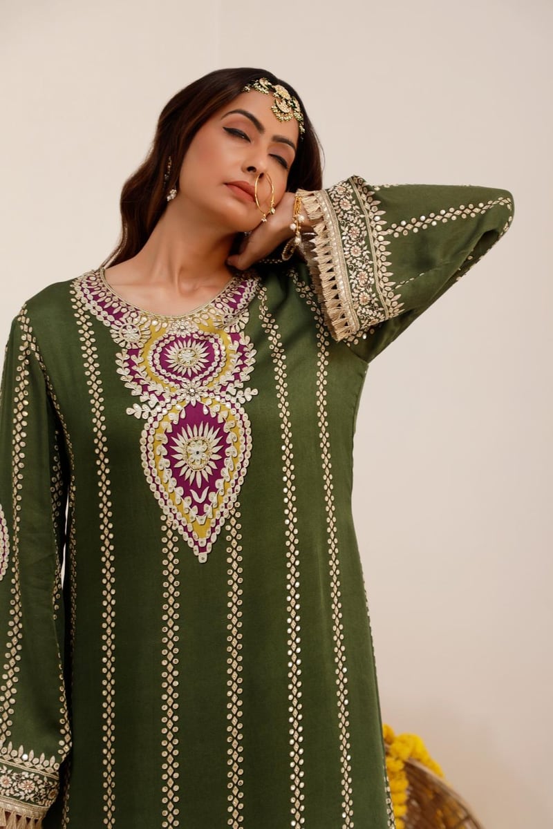 Olive Green Printed A-Line Kurta Set with Dhoti Pants