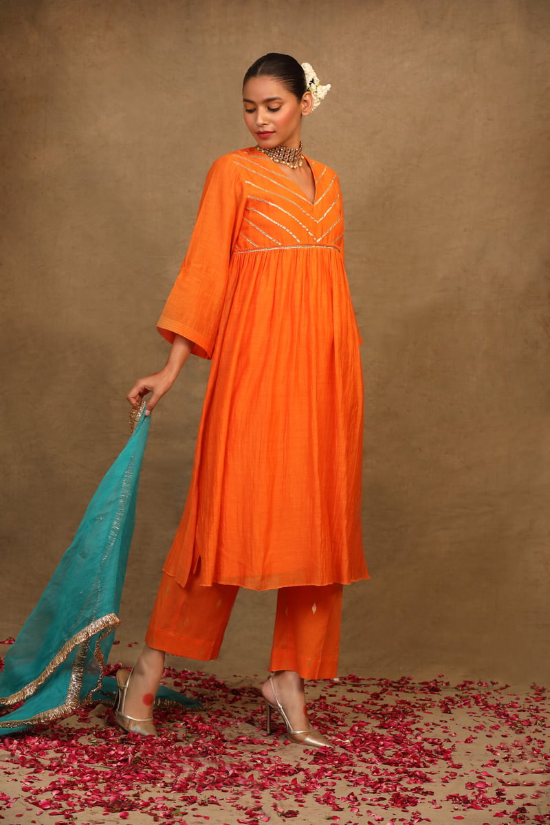 Orange Silk Chanderi Gota Work Kurta Set with Dupatta