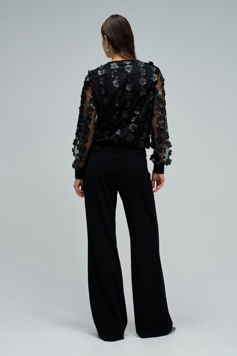 Black Mesh 3D Floral Applique Pullover Sweatshirt
