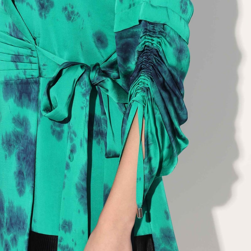 Green Tie-Dye Satin Wrap Jacket Dress