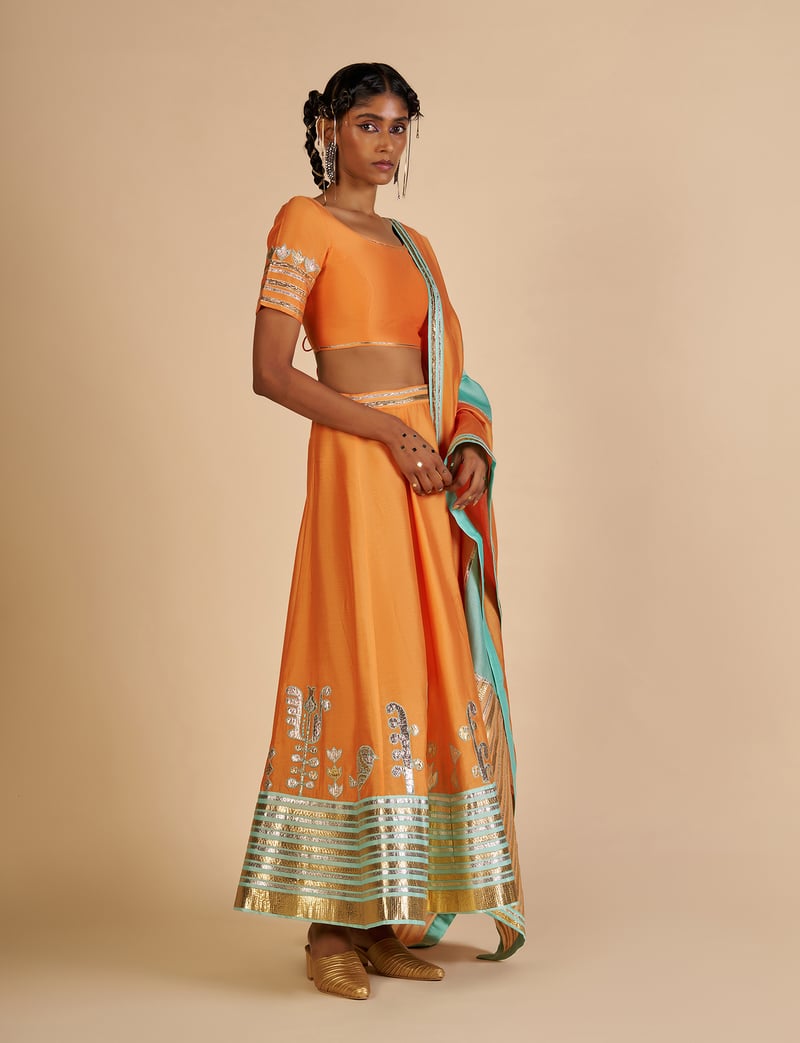 Orange Silk Chanderi Maxi Skirt with Aqua Gota Border