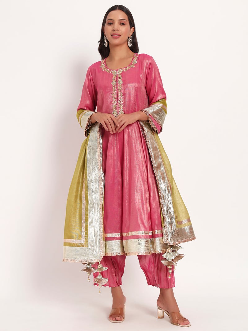 Rose Pink Cotton Tissue Anarkali Kurta Set with Dupatta