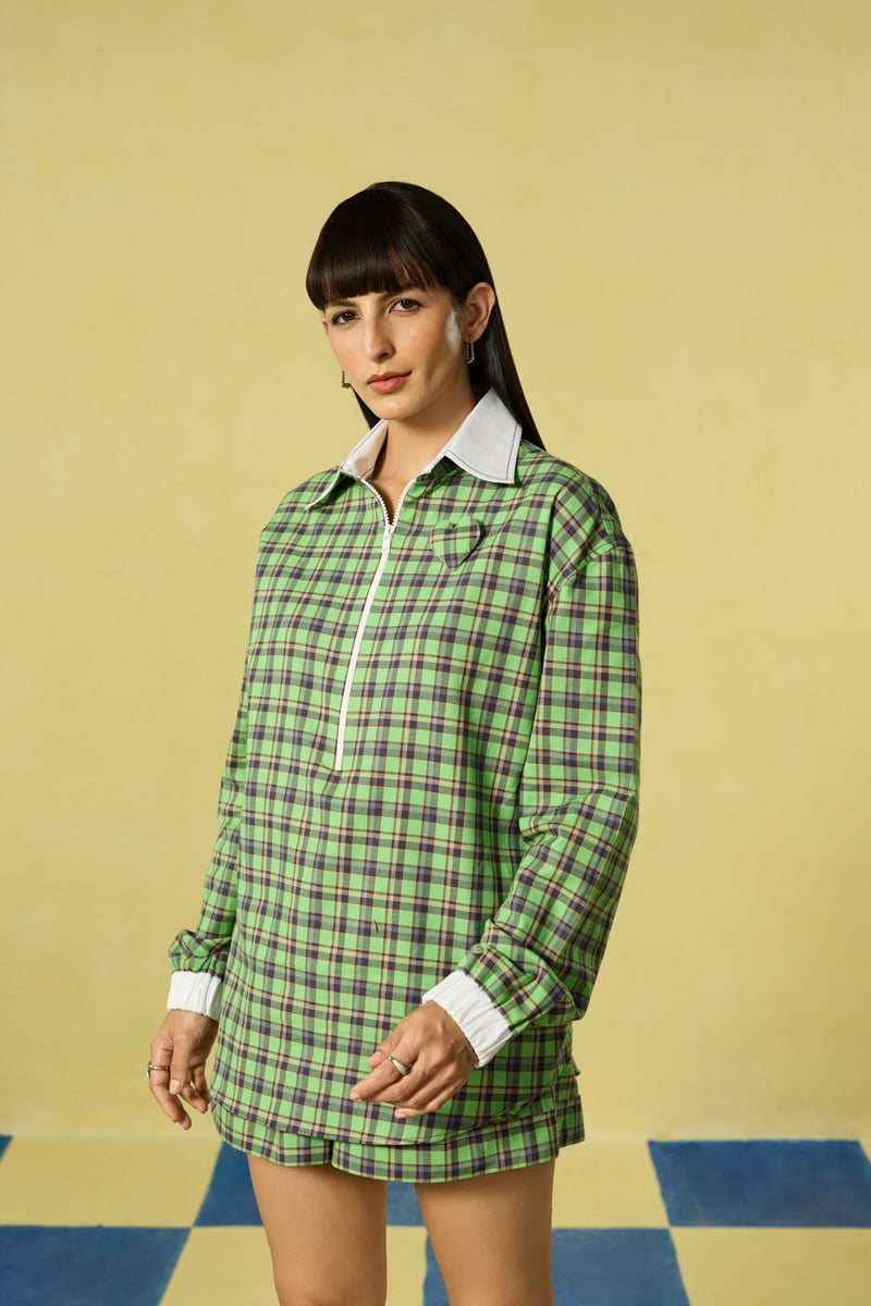 Green and White Plaid Shirt and Shorts Co-ord Set