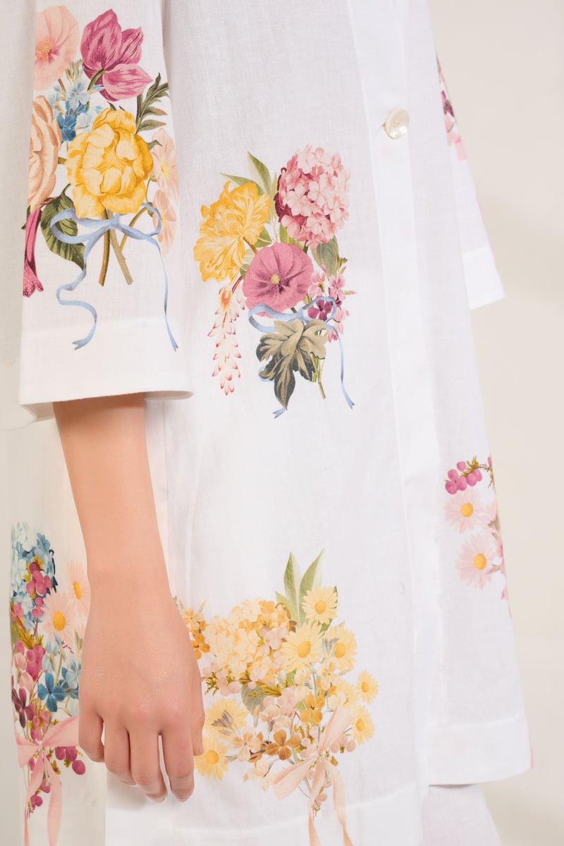 White Floral Printed Kurta Shirt and Trouser Set