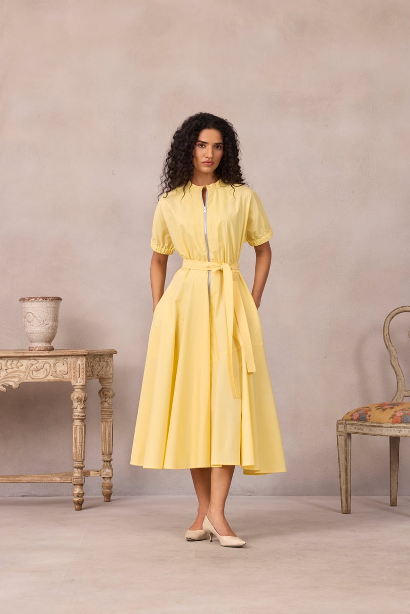 Lemon Sorbet Zip-Front Fit and Flare Midi Dress