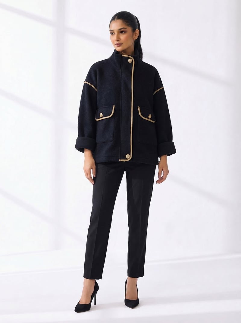 Black High-Neck Boxy Jacket with Contrast Piping — MnM