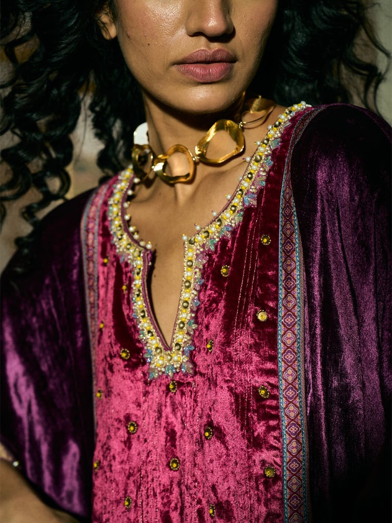 Purple Velvet Kaftan Kurta Set with Straight Pants