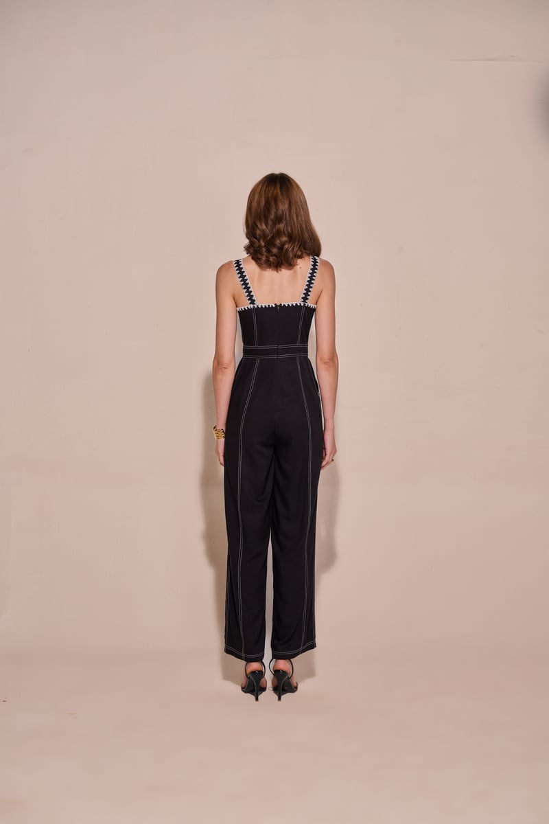 Black Square Neck Wide-Leg Jumpsuit with Contrast Stitching