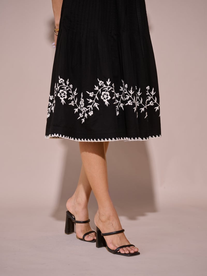 Black Embroidered Fit and Flare Midi Dress