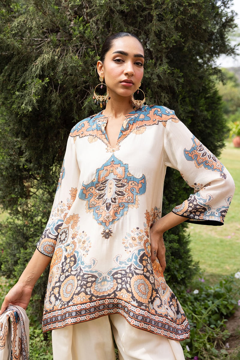 Ivory Mughal Print Muslin Kurta Set With Farshi Pants