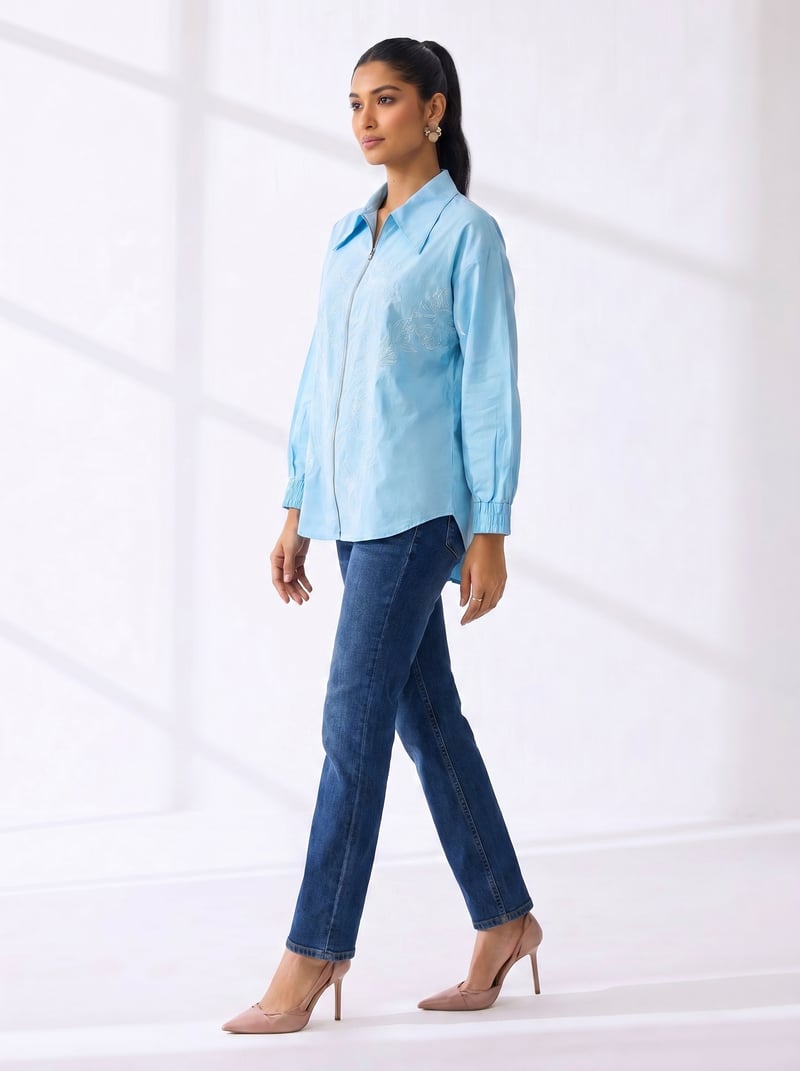 Sky Blue Zip-Front Collared Cotton Shirt