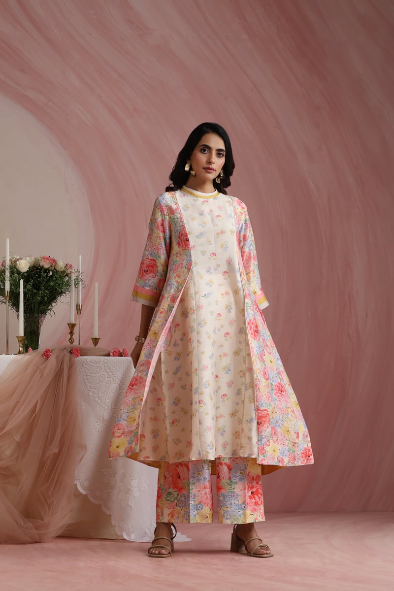Ivory Floral Printed A-Line Kurta Set with Wide-Leg Trousers