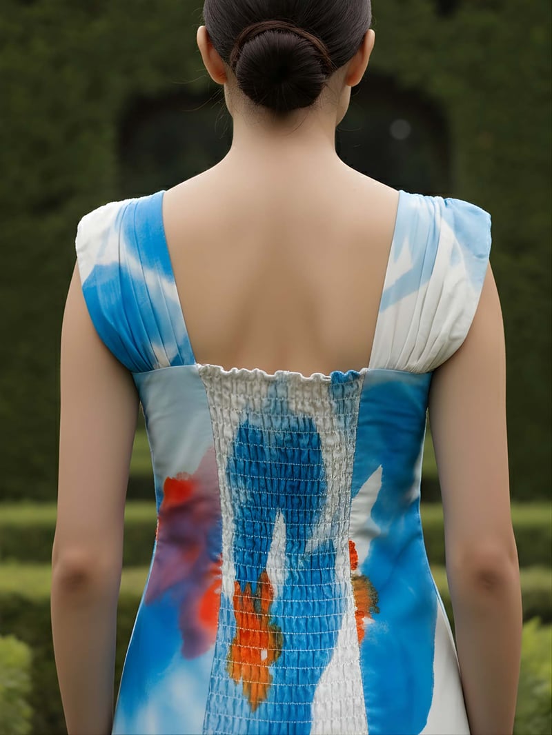 Blue Abstract Printed Ruched Tiered Maxi Dress