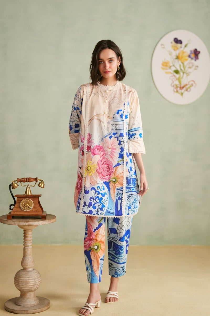 Beige/Blue Printed Cotton Lawn Suit Set