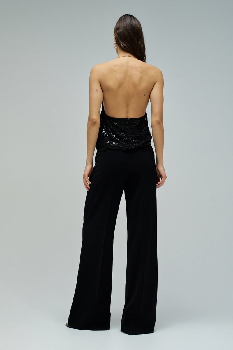 Black Sequin Halter Top with Metallic Neck Detail