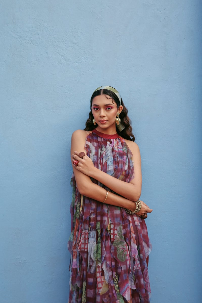 Violet Printed Sheer Net Halter Neck High-Low Midi Dress