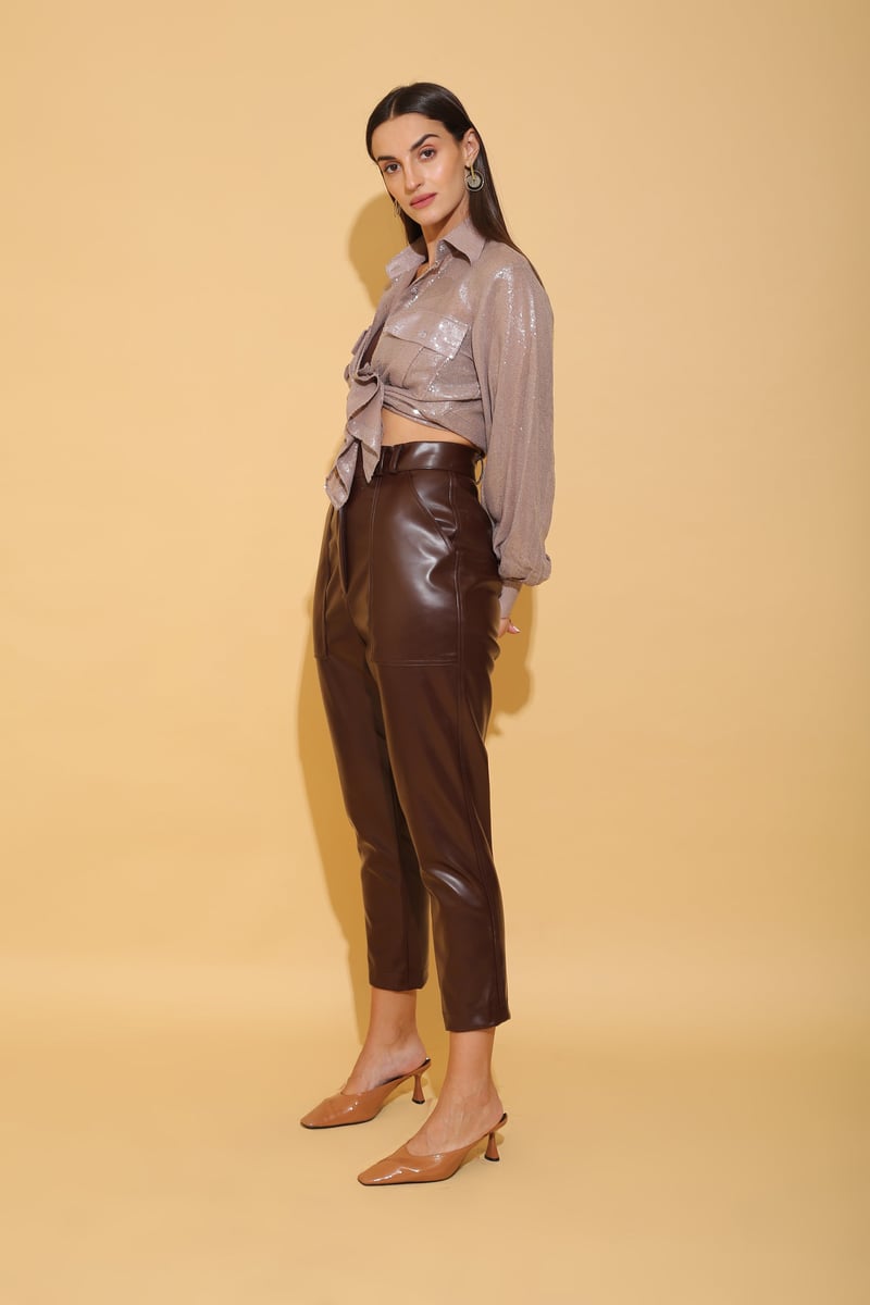 Taupe Grey Sequin Button-Down Shirt with Balloon Sleeves