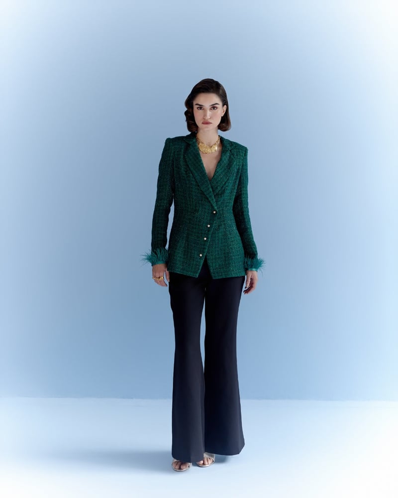 Deep Green Checked Tweed Blazer with Pearl Buttons
