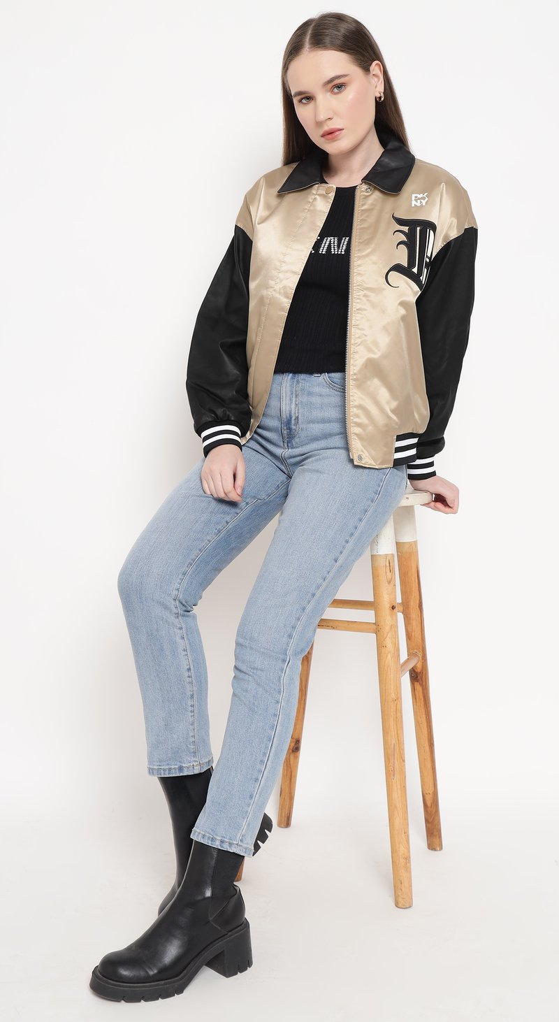 Beige and Black Colorblock Varsity Bomber Jacket — DKNY