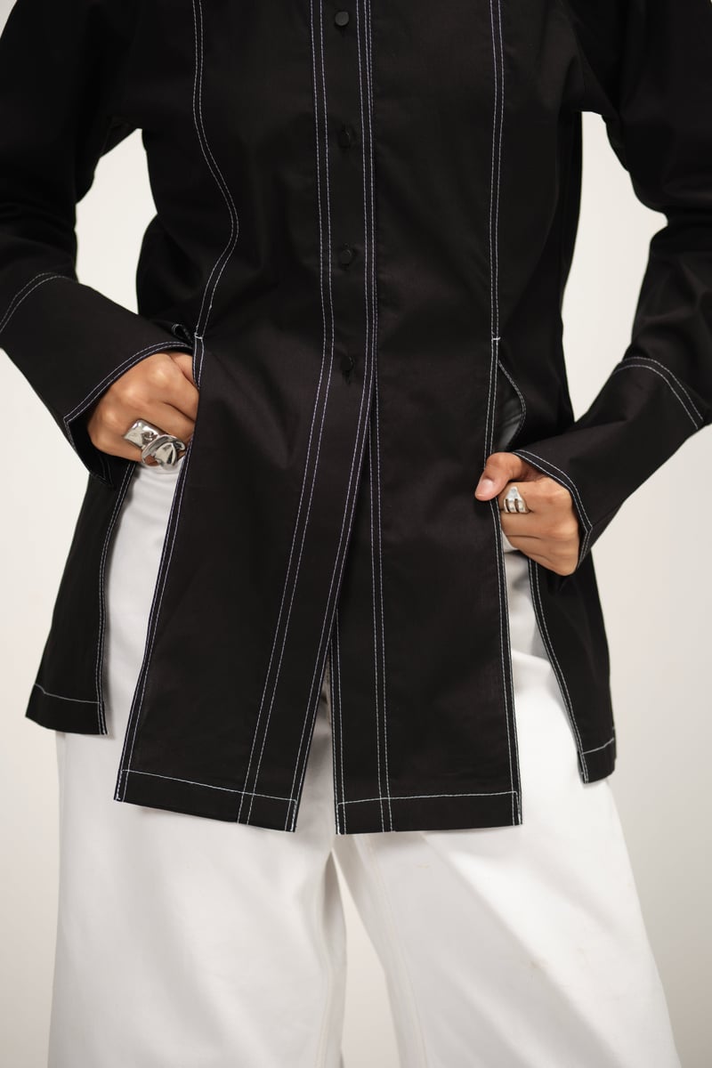 Black Poplin Longline Shirt with Contrast Topstitch