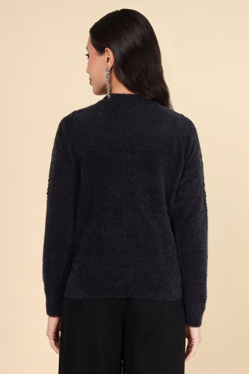 Black Embellished Shoulder Pullover Sweater