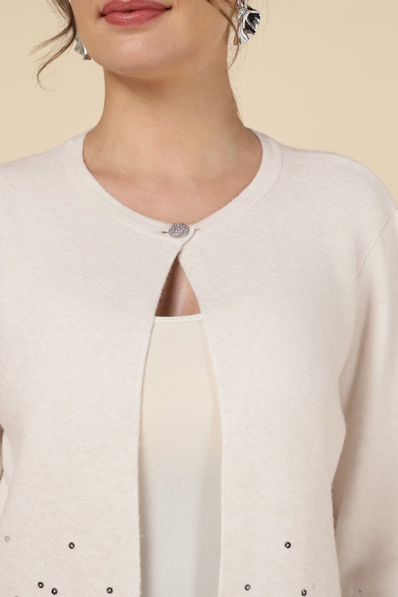 Ecru Sequin Hem Fine-Knit Cardigan