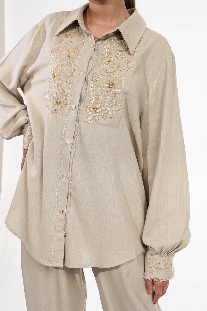Beige Embroidered Shirt and Wide-Leg Pants Co-ord Set