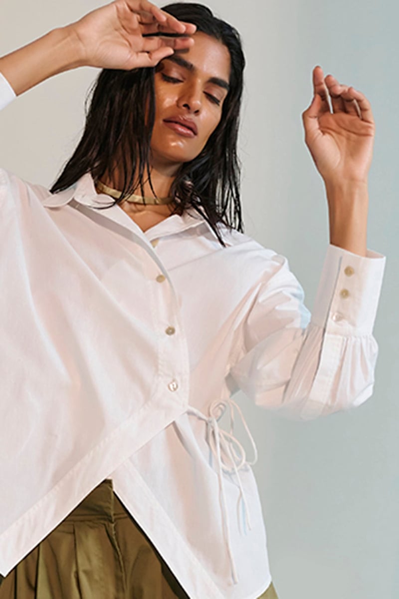 White Oversized Wrap Shirt Top with Side Tie