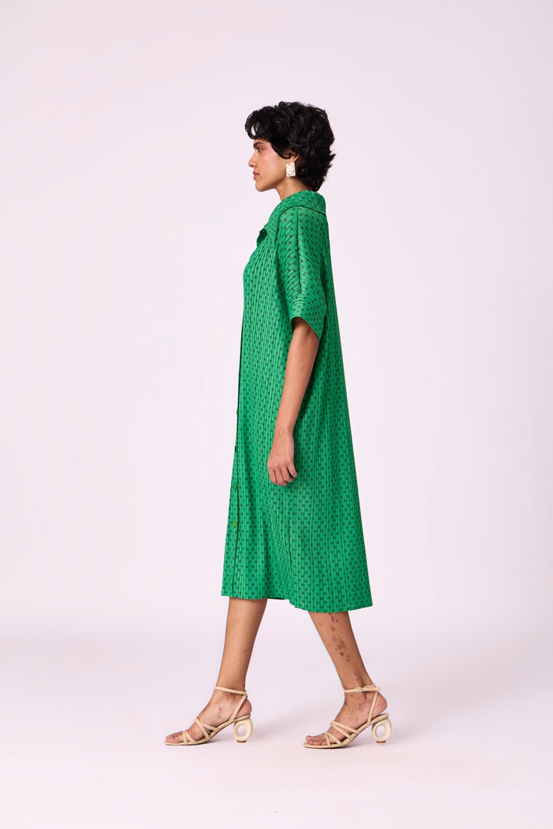 Green Pleated Printed Midi Shirt Dress