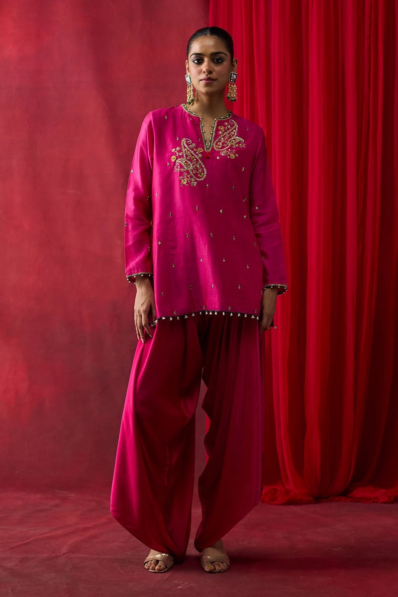 Pink Embroidered Co-ord Set with Cowl Pants