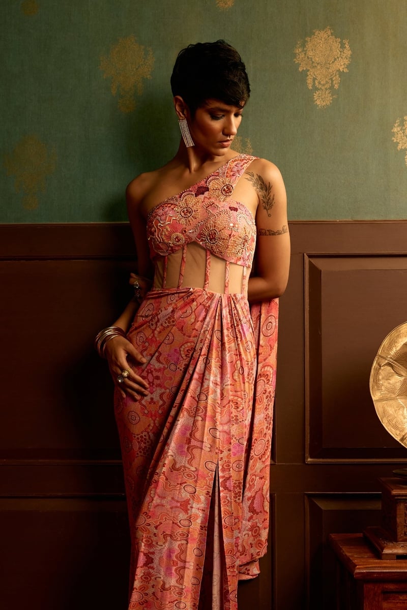 Pink One-Shoulder Printed Corset Drape Gown