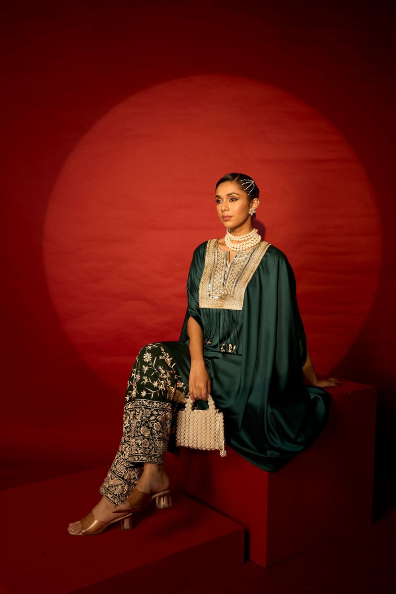 Green Satin Silk Kaftan Top and Pants Co-ord Set — TASUVURE
