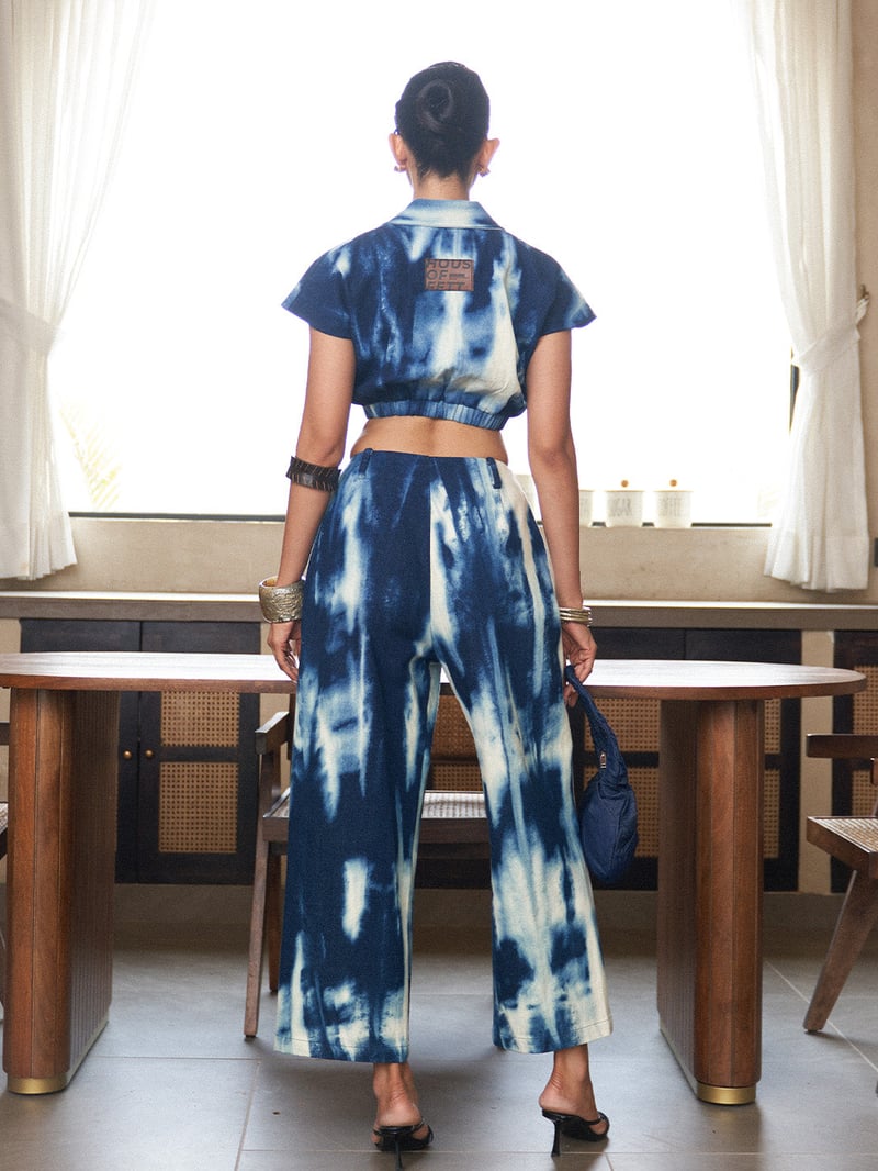 Indigo Tie-Dye Denim Co-ord Set with Crop Top and Pants