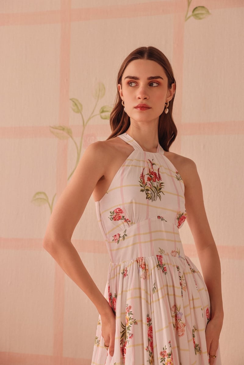 White Floral Check Halter Neck Fit and Flare Midi Dress