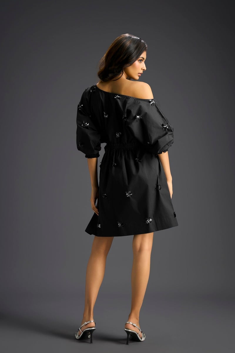 Black One-Shoulder Cotton Dress with Butterfly Embellishments