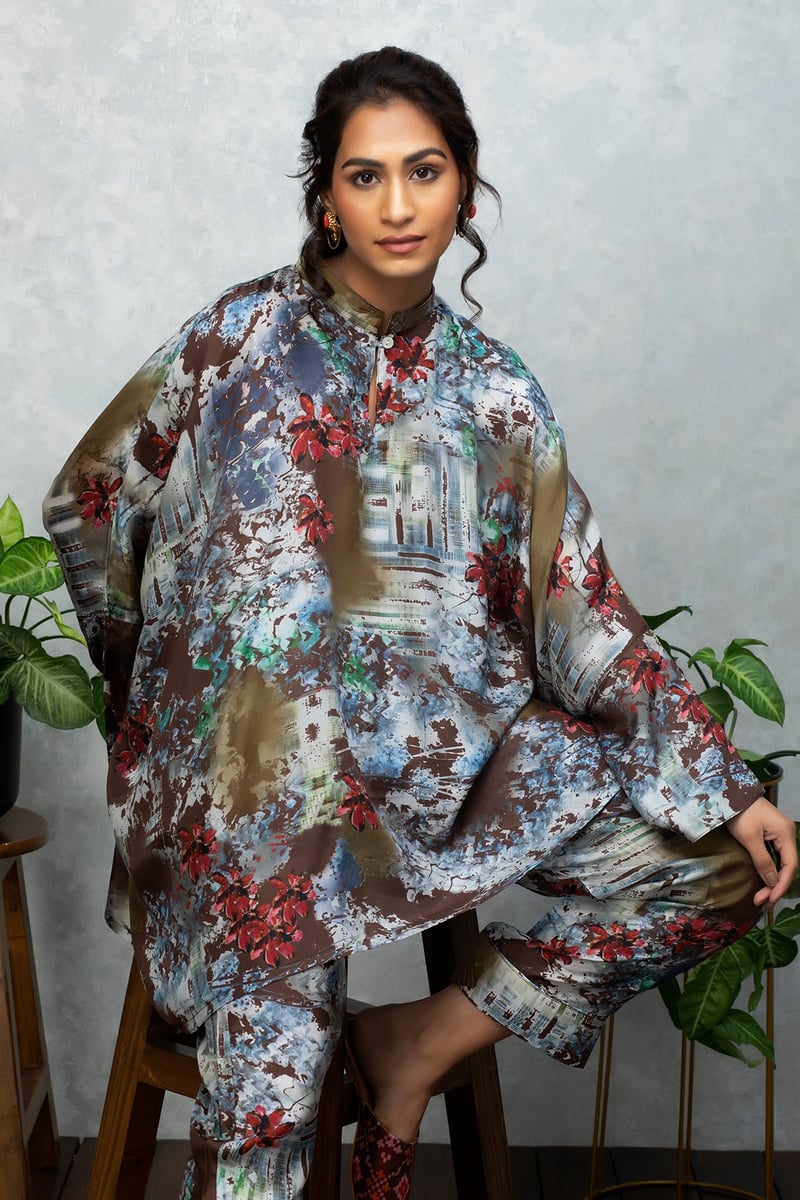 Beige Brown Silk Printed Kaftan Top and Pants Co-ord Set